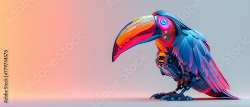 A sleek 3D cyberpunk hornbill with whimsical robotic limbs and glowing neon scales photo