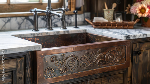 A copper sink with ornate design in a kitchen.