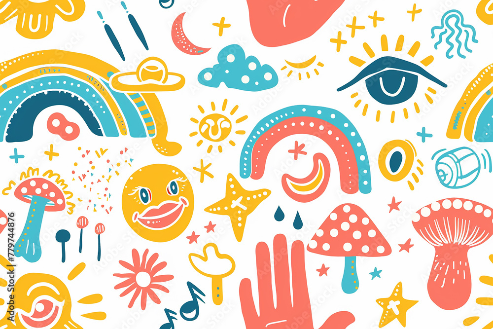 Playful doodle pattern with celestial and nature motifs