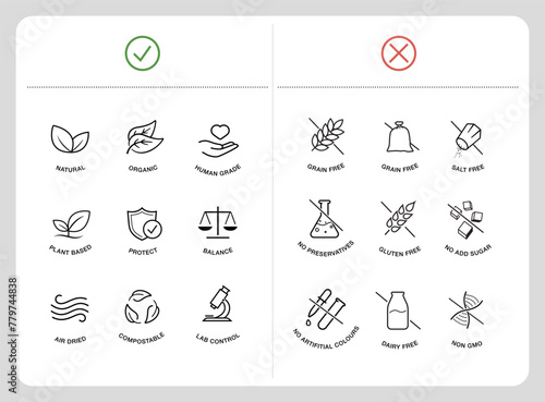 Set of icons for ethical food. The outline icons are well scalable and editable. Contrasting elements are good for different backgrounds. EPS10.