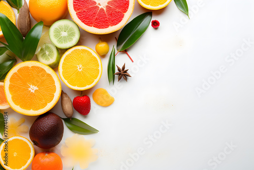 Botanical frame template with fresh citrus fruits isolated on white with copy space