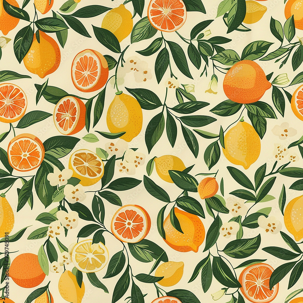 Citrus fruit pattern with leaves and blossoms Citrus fruit pattern with leaves and blossoms
