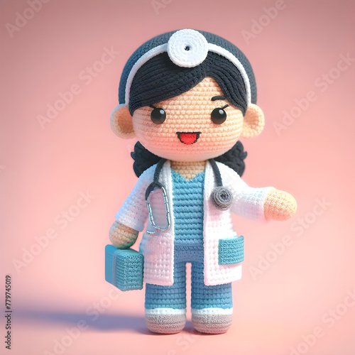 Ai Generated Crochet doll a doctor cute excited funny smiling wearing uniform and equipment, is standing, 3d render