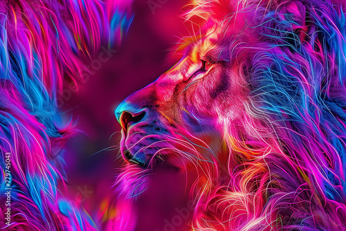 Neon lion portrait in abstract colors photo