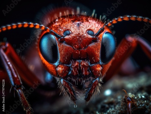 Image contains detailed close-up of face of red ant. Ant has large, compound eyes, which covered in tiny hairs. Ant's antennae long, segmented, its mouthparts visible in center of image. photo