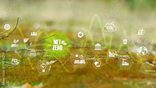 Net zero emissions , carbon neutral concept. Net zero greenhouse gas emissions target 2050. Climate neutral long term strategy 2050 with green net zero icons on gree ngrass bokeh background photo