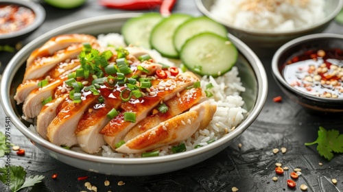 Delectable Thai Chicken Rice Dish with Sliced Cucumber and Flavorful Chili Sauce