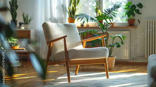 A cozy modern armchair in a sunny room