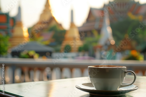 Morning coffee with scenic temple view. 
