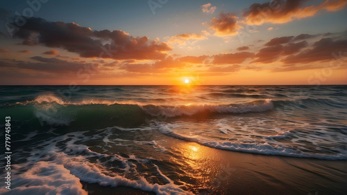 Serene Sunset at the Beach with Waves and Clouds