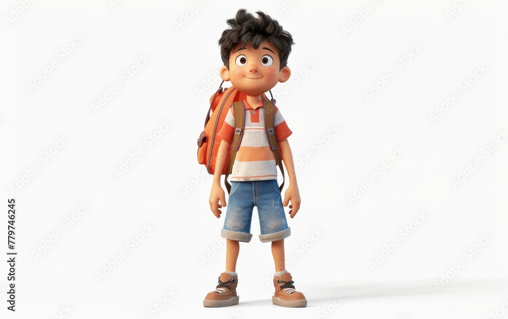 Young boy with school bag, stylized cartoon character, school kid 3d rendering Young boy with school bag, stylized cartoon character, school kid 3d rendering
