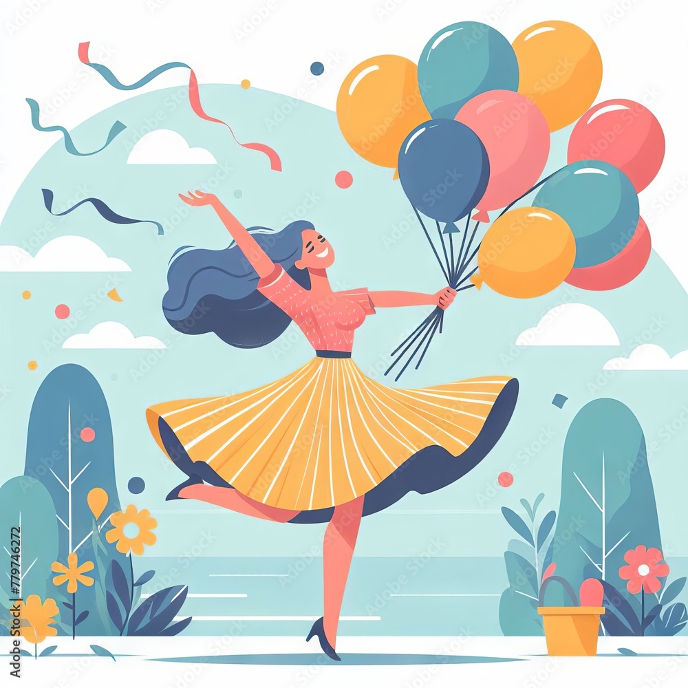 Happy bright girl with balloons dances on the street. Concept of daily joys. Optimism Flat style

