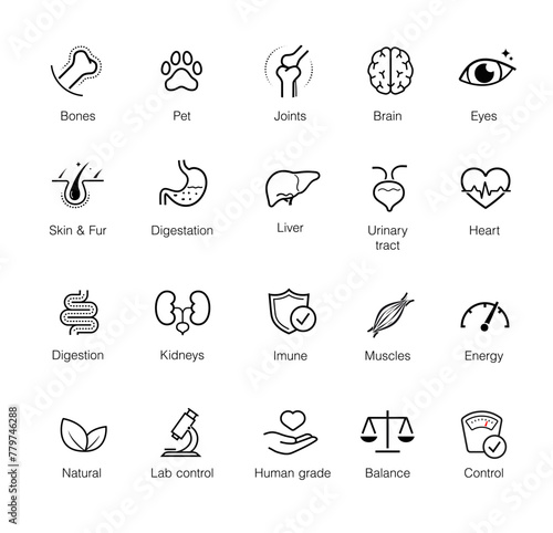 A set of icons for pet health and food products. The outline icons are well scalable and editable. Contrasting elements are good for different backgrounds. EPS10.