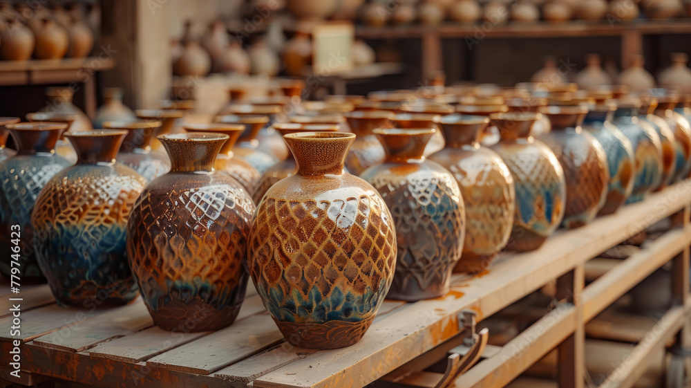 Rows of ceramic vases on shelves.