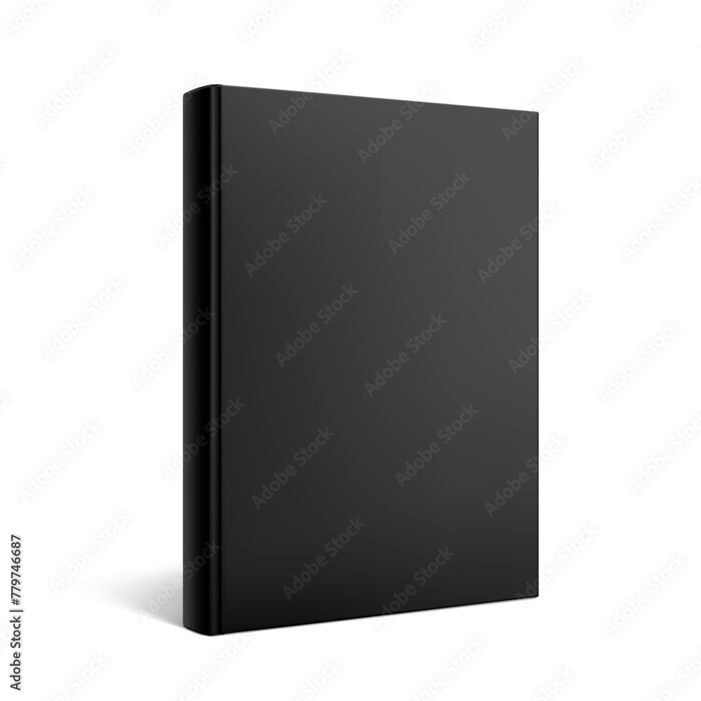 Black hardcover book mockup. Vector illustration isolated on white background. It can be used for promo, catalogs, brochures, magazines, etc. Ready for your design. EPS10.
