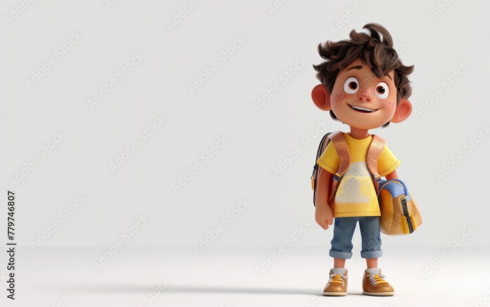Young boy with school bag, stylized cartoon character, school kid 3d rendering Young boy with school bag, stylized cartoon character, school kid 3d rendering