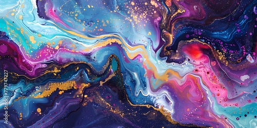 Glittering trails of light dance across the canvas, enhancing the allure of the mesmerizing bright colors in this marble ink symphony.