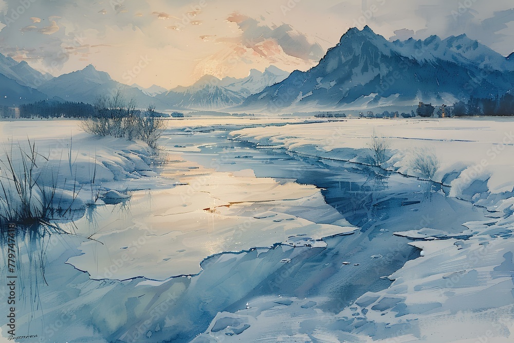 A painting of a river with mountains in the background