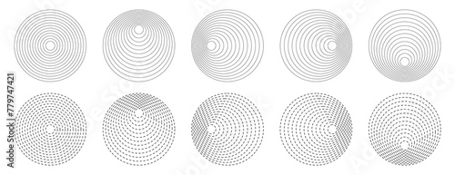 Concentric circles, radar, target, round geometric shapes vector icon set