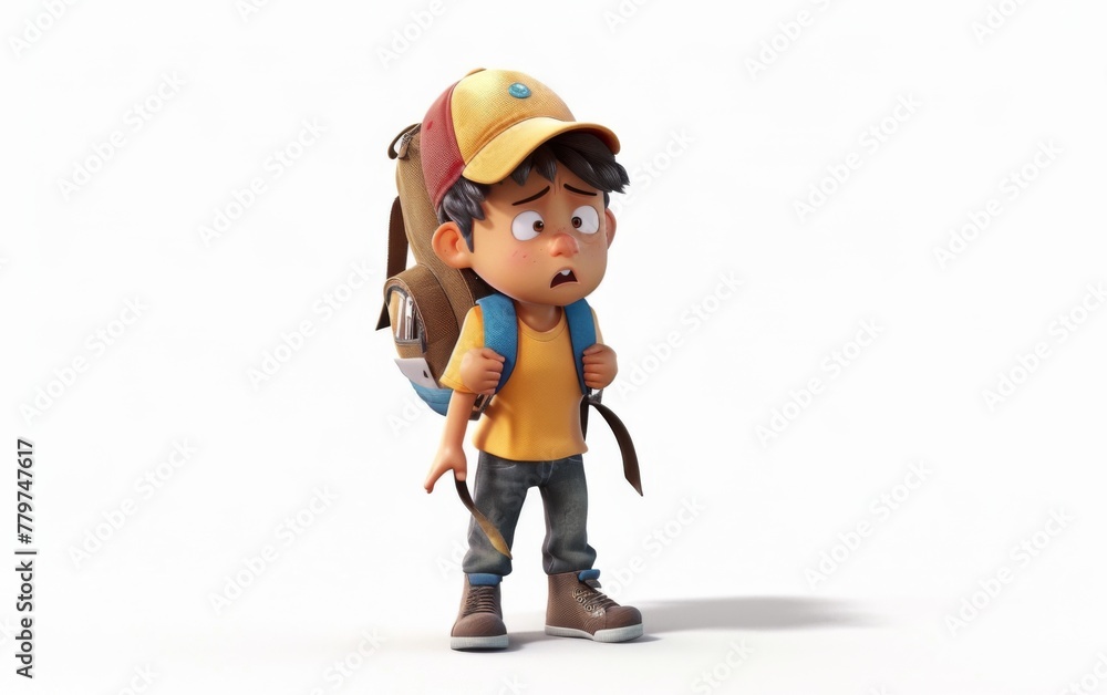 Young boy with school bag, stylized cartoon character, school kid 3d rendering