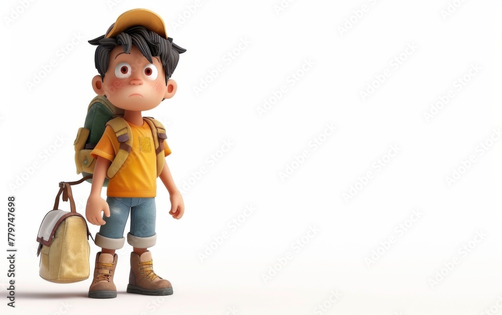 Obraz premium Young boy with school bag, stylized cartoon character, school kid 3d rendering