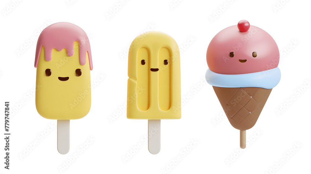 Cartoon 3d icon of cute kawaii popsicle, isolated on white background Cartoon 3d icon of cute kawaii popsicle, isolated on white background