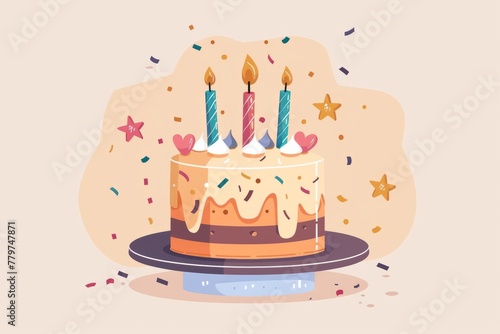 Birthday cake with candles, flat illustration