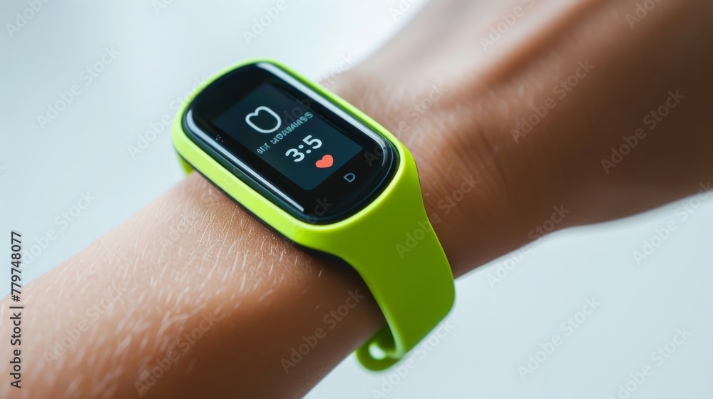 Close-up of a green fitness tracker on a wrist displaying heart rate Close-up of a green fitness tracker on a wrist displaying heart rate