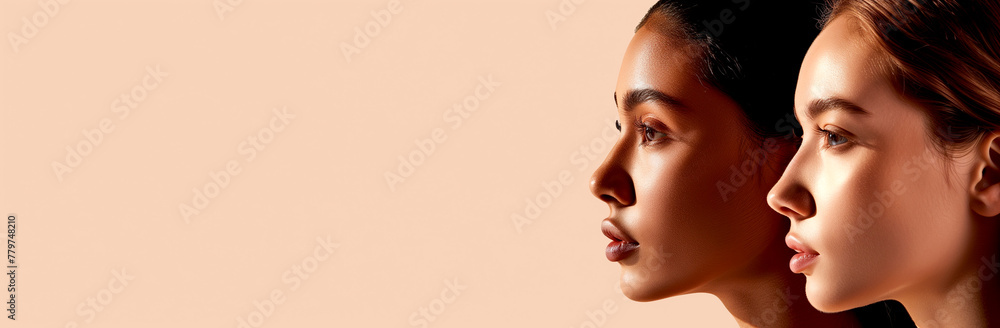 A profile shot of women with different skin tones, all looking towards the right on a neutral beige background. A profile shot of women with different skin tones, all looking towards the right on a neutral beige background.