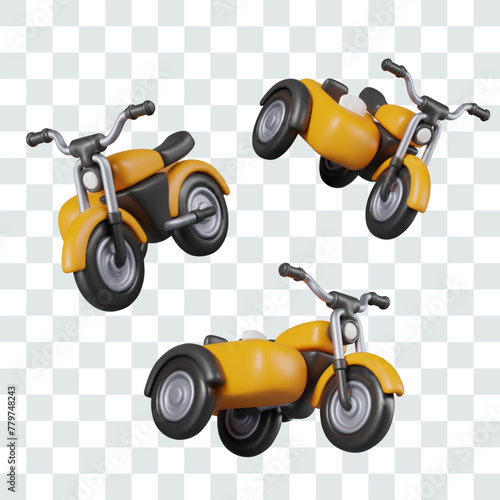 3D motorcycle with sidecar in different positions. Set of isolated vector illustrations