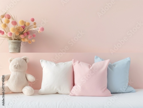 A mockup pillow is in the children s room on a light pink wall background.