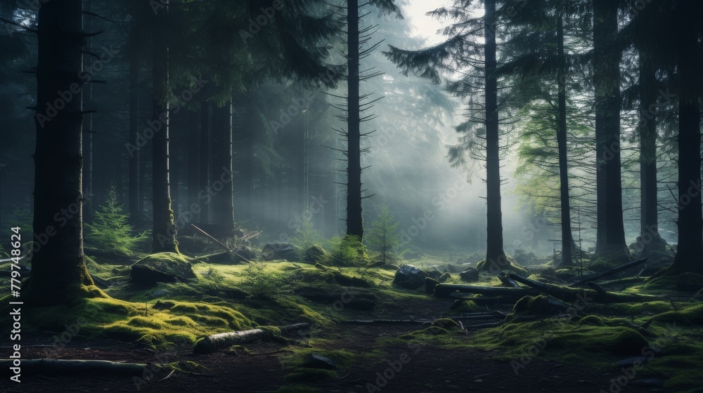 A stunning sight of a sunlit forest in the fog with lush green leaves and branches