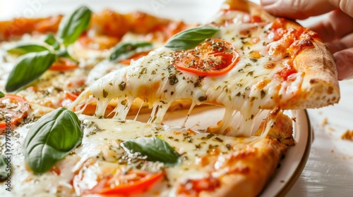 Close-up shot of a fresh Margherita pizza with a hand pulling a cheesy slice