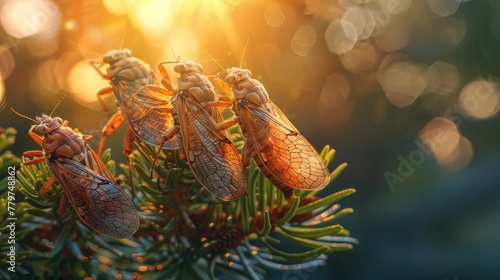 Several cicadas are perched on a pine branch, bathed in the warm golden light of the setting sun, creating a serene scene. photo