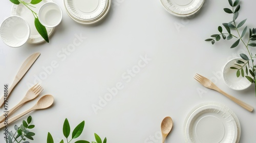 Sustainable dining concept with eco-friendly tableware and green leaves