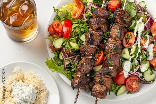 Juicy lamb kebab with fresh Greek salad and tzatziki on a plate