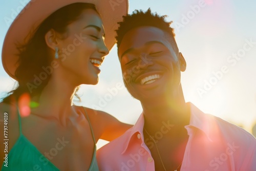 Interracial couple laughing together in warm sunny ambiance