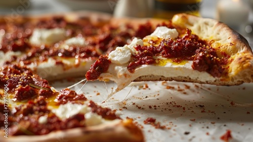 Close-up view of a delicious slice of pizza with spicy 'nduja sausage and melted mozzarella cheese