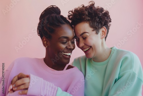 Lesbian couple embracing in pastel tones, love and tenderness