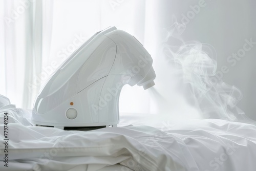 Modern fabric steamer in action on white garment with steam