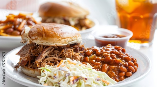 Savory pulled pork sandwich with coleslaw and baked beans on a plate