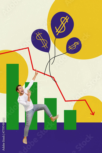 Trend artwork sketch composite photo collage of surreal image young shocked guy hold hand huge arrow turn down air money balloons go up