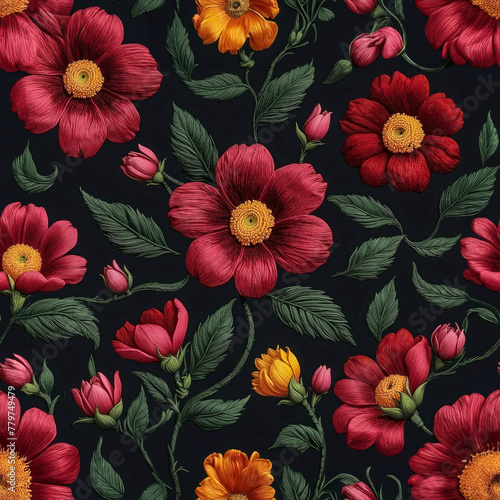 Seamless beautiful embroidery red flowers pattern on black background. Generative ai