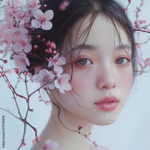 A mesmerizing beauty portrait of a Chinese girl, her serene expression complemented by the delicate blooms nestled in her hair against a white backdrop.