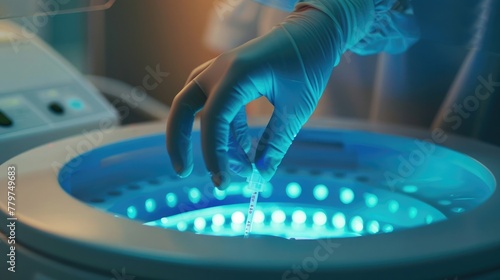 Hand in glove carefully loading DNA sample into centrifuge under soft blue lighting in lab