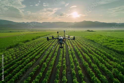 Modern Farming with AI-Controlled Drone at Daybreak