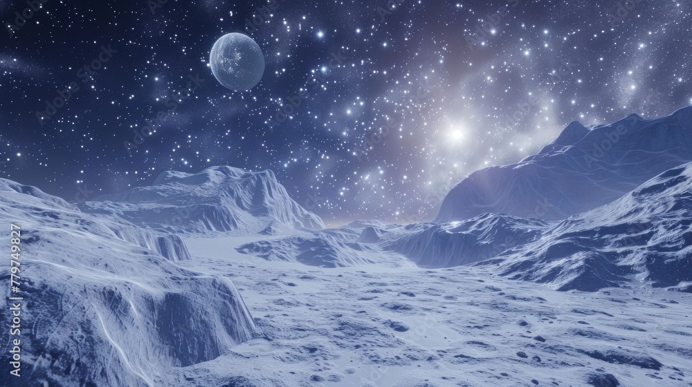Explore the icy terrain of Ganymede against a backdrop of the starlit cosmos in stunning VR