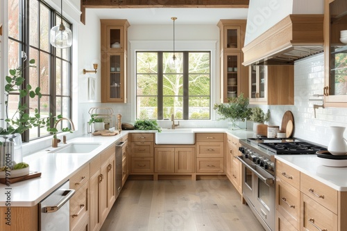 Sunny Kitchen Interior with Oak Cabinets and Marble Counters