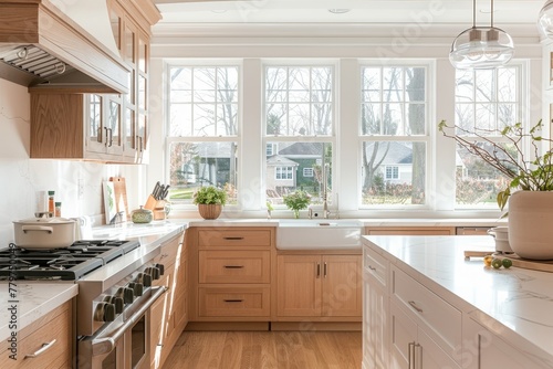 Contemporary Kitchen with Large Windows and Light Oak Cabinets