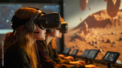 Girls Experiencing Interactive VR in Mars Simulation. Two girls with VR headsets are seemingly transported to Mars, exploring the simulated Martian environment interactively.